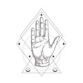 Abstract Occult Symbol, Vintage Style Logo or Tattoo Template. Hand Drawn Palm Hand Sketch Symbol and Geometric