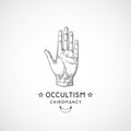 Abstract Occult Symbol, Vintage Style Logo or Tattoo Template. Hand Drawn Palm Hand Sketch. Palmistry or Chiromancy Royalty Free Stock Photo