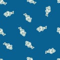 Abstract ocean aqua seamless pattern with doodle clown fish ornament. Navy blue background. Simple style