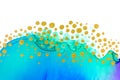 Abstract Ocean Foam Print Imitation. Watercolor Blue Texture with Gold Glitter Bubbles.
