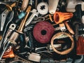 abstract odd and ends tools junk drawer metal tools screws background Royalty Free Stock Photo