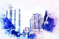 Abstract offices Building in the capital city on watercolor painting background. City on Digital illustration. Royalty Free Stock Photo