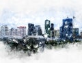 Abstract offices Building in the city on watercolor painting background. Royalty Free Stock Photo