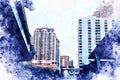 Abstract offices Building in the city on watercolor painting background. City on Digital illustration. Royalty Free Stock Photo