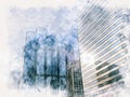 Abstract offices Building in the city on watercolor painting background.
