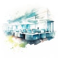 Abstract offices building on watercolor painting background. Digital illustration painting style. AI Generated