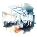 Abstract offices on watercolor painting background. Digital illustration painting style. AI generated