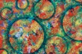 Abstract oil painted texture with circles and green and orange warm colors