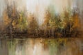 Abstract oil painting autumn landscape. Forest and pond impressionist art. Hazy fall morning. Royalty Free Stock Photo