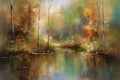 Abstract oil painting autumn landscape. Forest and pond impressionist art. Hazy fall morning. Royalty Free Stock Photo