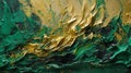 abstract oil painting on canvas, green and gold acrylic texture background, rough brushstrokes of paint Royalty Free Stock Photo