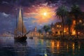 Abstract oil painting of city landscape on the river with sailboats at night wall painting Royalty Free Stock Photo