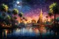 Abstract oil painting of city landscape on the river with sailboats at night wall painting