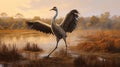 Abstract Oil Painting Of Emu Landing In Marsh With Soft Colors