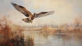 Abstract Oil Painting: Hawk Landing In Marsh With Soft Colors