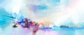 Abstract oil painting landscape. Colorful blue purple sky. Oil painting outdoor on canvas. Semi abstract tree ,field, meadow. Royalty Free Stock Photo