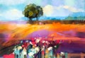 Abstract oil painting landscape. Colorful blue purple sky. Oil painting outdoor on canvas. Royalty Free Stock Photo