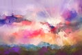 Abstract oil painting landscape. Semi abstract, colorful blue purple cloud and sun on sky. Illustration nature in summer or spring Royalty Free Stock Photo