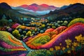 Abstract oil painting of a landscape of a valley in a forest of colorful trees, clouds and mountains in bright colors for children