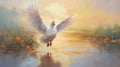 Abstract Oil Painting: Majestic White Chicken Landing In Marsh