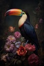 Abstract oil painting of a Tucan bird in a garden of spring flowers. Jungle rainforest bird with floral background. Royalty Free Stock Photo