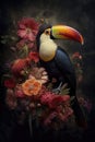 Abstract oil painting of a Tucan bird in a garden of spring flowers. Jungle rainforest bird with floral background. Royalty Free Stock Photo