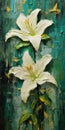 Abstract Oil Painting Of Two White Lilies On Green Background Royalty Free Stock Photo