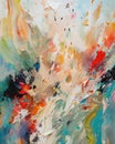 abstract oil painting showcases an explosion of color, with its red, blue, and white tones