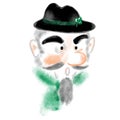 Abstract old man in black hat with gren clover. Emotional surprised face. Open mouth, mustache, beard