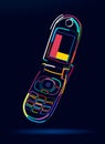 Abstract old vintage Flip Phone in retro style from multicolored paints. Colored drawing Royalty Free Stock Photo