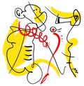 Abstract one line contemporary composition, black, yellow and red, surreal minimalistic outline person with monkey and