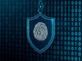 Abstract Online Protection Graphic Featuring Shield, Fingerprint ID, And Data Encryption Grid
