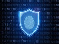 Abstract Online Protection Graphic Featuring Shield, Fingerprint ID, And Data Encryption Grid