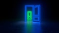 Abstract open door to universe. Cyberpunk neon door background concept. Blue and green neon. Abstract neon shapes hologram led