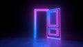 Abstract open door to universe. Cyberpunk neon door background concept. Pink violet neon. Abstract neon shapes hologram led laser