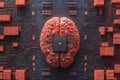 Abstract orange AI brain chip on circuitry background symbolizing machine intelligence advanced neural systems innovative