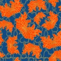 Abstract orange butterflies on a background of golden chains