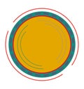 Abstract orange circle with three colorful curved lines. Modern geometric design with overlapping shapes. Graphic