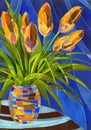 Abstract orange flowers in mottled vase