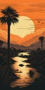 Vintage Oasis Vector Illustration: Desert, River, Palm Trees