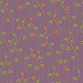 Abstract orange and green hand drawn looping doodle line design. Seamless irregular vector pattern on light mauve