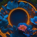 Abstract Orange Neon Glowing Arch With Blue Tropical Closeup Leaves And Flowers Party Summer Night Club Mood Refreshing Green