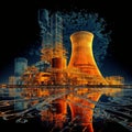 Abstract orange nuclear plant with mirrored reflections, lines, and shapes in the scene., generative ai