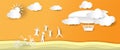 Abstract orange sky and happy family and friends jumping with ballon airship for tourists of paper art style