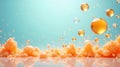 Abstract orange spheres and textured surface floating in a light blue background. Generative AI Royalty Free Stock Photo