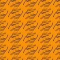 Abstract organic seamless pattern with hand drawn leaves on bright orange background. Cute vegetal design with sprigs