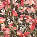 Abstract original botanical seamless pattern with pink/red flowers on brown background Royalty Free Stock Photo