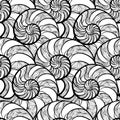 Abstract ornamental spiral seamless black and white outline pattern. Stylish seashell nautilus textured ocean wave geometric back Royalty Free Stock Photo