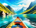 Abstract Outdoor Nature Selfie Canoeing Kayaking on Sunny Day on Lake Sea with Mountain View on digital art concept, Generative AI