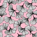 Abstract outline of black and white ginkgo leaves seamless pattern on pink, natural background vector